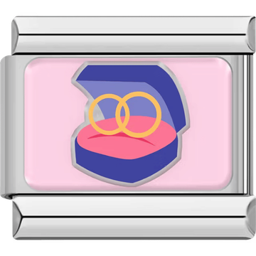 A silver Italian charm featuring two gold wedding rings inside a blue ring box.